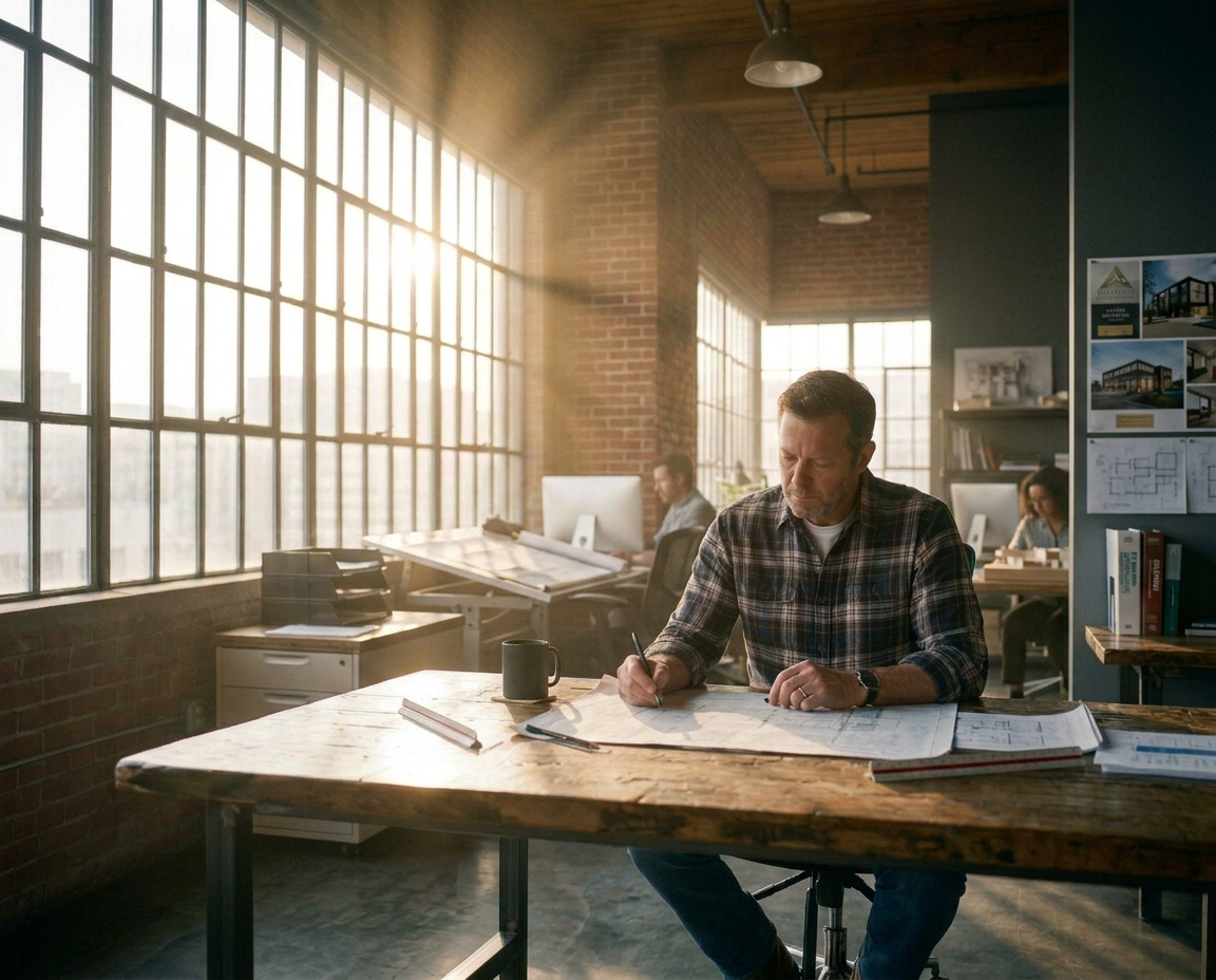 Construction professional reviewing plans in a workshop