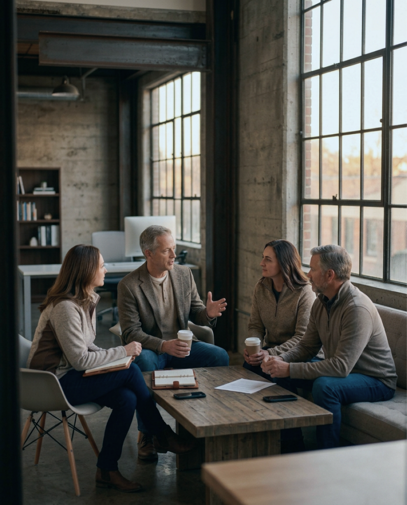 Construction professionals collaborating around a table